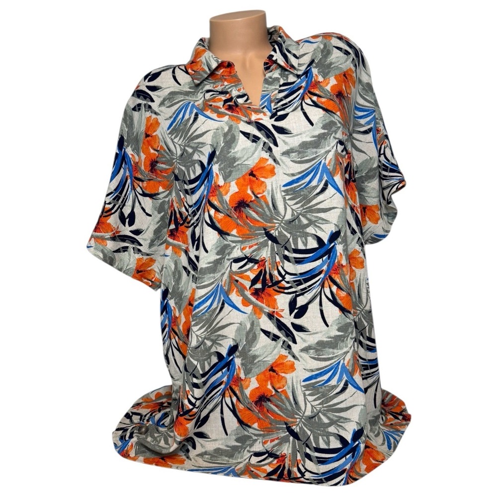 Chico's Women's Size 3 Tropical Palm Blouse Short Sleeves Collared Linen Tunic